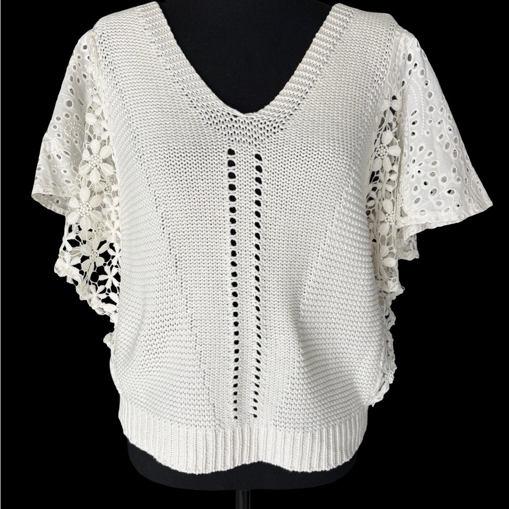 Democracy Cream V-Neck Open-Knit Sweater with Lace Flutter Sleeves